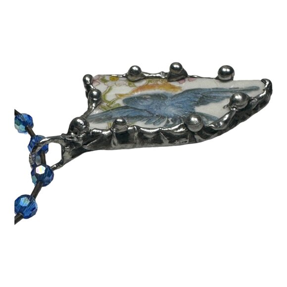 Blue Bird China Homer Laughlin Artisan Pendant Adorned w/ Blue Crystal Necklace - Picture 11 of 17